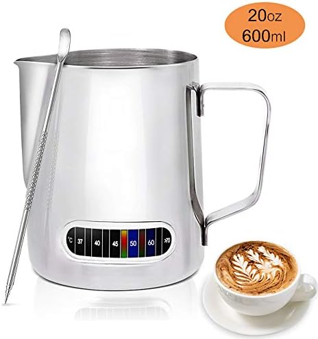 Milk Frothing Pitcher,20oz Stainless Steel Espresso Steaming Pitcher with Thermometer,Metal Coffee Milk Frothing Cup,Non-Stick Teflon Frothing Pitcher for Espresso Machines, Milk, Latte Art