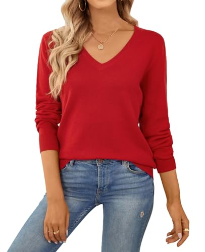 QUALFORT Damen Pullover 100% Baumwolle Leichter Langärmeliger Basic Strickpullover Rot L