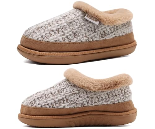 KuaiLu House Slippers for Women Comfortable Memory Foam Knit Slipper Ladies Warm Fuzzy Plush Fur Lined Winter Home Shoes Orthotic Plantar Fasciitis Arch Support Indoor Outdoor Hard SoleBrown Size 6-7