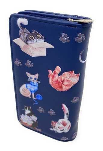 Shag Wear Playful Cats Large Wallet for Women and Teen Girls Vegan Faux Leather Blue 7"2