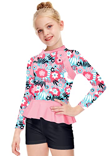 Girl's Surf Shirt Long Sleeve Swim Top Beach Uv Sun Protection Rash Guard Tropical Floral Rose Red 9-10 Years #TOP1