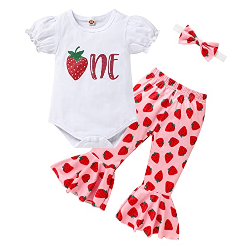 GRNSHTS Baby Girl Birthday Clothes First One Letter Short Sleeve Romper+Flared Pants+Headband 3Pcs Cake Smash Outfits