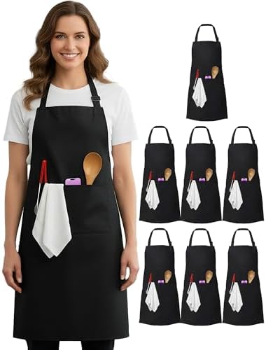 Xeoxarel 7 Pack Adjustable Bib Apron with 2 Pockets, Cooking Kitchen Aprons for Women Men Chef, Black