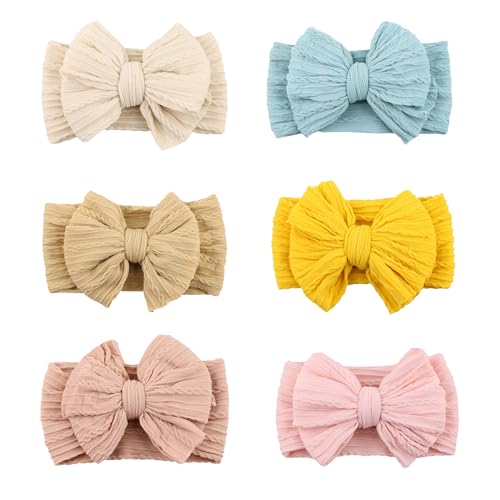 6 Pack Nylon Headbands with Stretchy Infant Bows, Pink Head Wraps for Newborns and Toddlers (03H-10)
