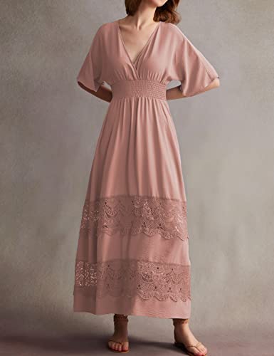 Image of Olaesa Boho Maxi Dress V Neck Short Sleeve Lace Smocked Waist Flowy Dress | Wedding Guest Dress with Pockets, Summer Bohemian Vacation Dress, Elegant Party Dress for Family photo& Baby Shower