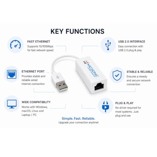 Image of USB 2.0 to Ethernet Adapter, RJ45 LAN Network Adapter, 10 /100Mbps, Plug & Play for Laptop, PC, Windows, Mac OS