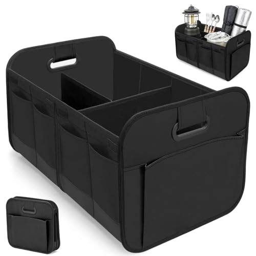 Car Sstorage Box Foldable Car Boot Organiser, Oxford Polyester Waterproof Trunk Organizer with Multi-Compartment, Non-Slip Velcro Base for Cars SUV Trucks, Motorhomes & Boats, Dorm Bedroom Wardrobe