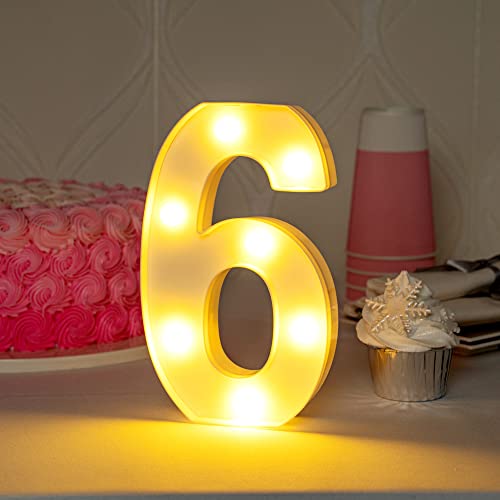 Image of Restaurantware Illumify 7.1 x 1.2 x 8.7 Inch Light Up Number 1 Durable Marquee LED Light - Number 6 Touchproof White Plastic Party Light Keyhole Slot For Parties Weddings Or Special Events