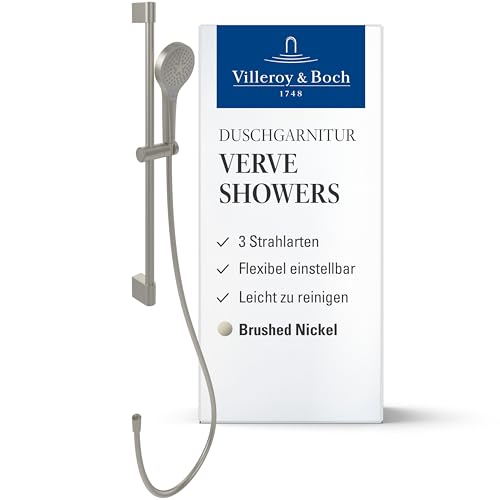 Villeroy & Boch Verve Showers Duschgarnitur – Duschset mit verstellbarer Handbrausehalterung – Handbrause mit 3 Strahlarten – Pflegeleichtes, leicht montierbares Duschsystem – Brushed Nickel Matt