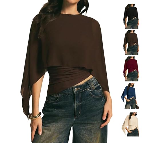 Blusa de gasa asimétrica para mujer de manga corta elegante y capa holgada