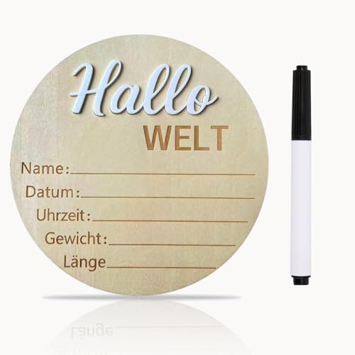Image of Baby Announcement Sign, 5.9 Inch Wooden Hello World Newborn Signs, inchHallo Welt inch Decoration, Birth Announcement Sign, Welcome Newborn Arrival to World, Hospital Nursery for baby