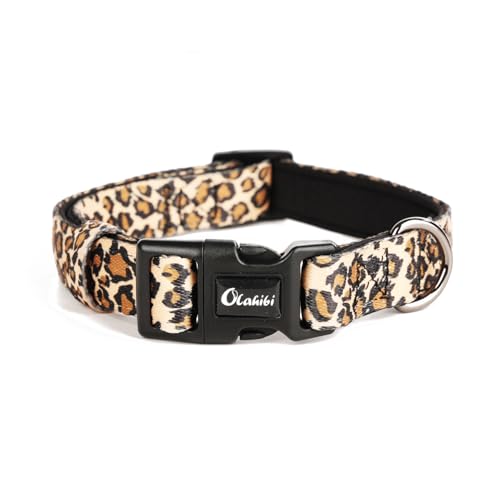 Olahibi Basic Hundehalsband, Polyester-Gurtband, gepolstert mit weichem Neopren, Leopardenmuster, für kleine Hunde (S, Brauner Leopard)