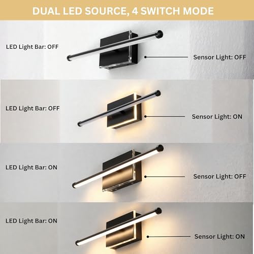 Image of 20-Inch Smart LED Vanity Light Bar | Dual Light Source (10W Main /3W Motion Sensor) | 4 Switch Modes (Incl. Night Light) | 3000K, 1040LM, CRI 90+, Dimmable, ETL (Matte Black)