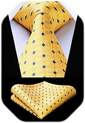 HISDERN Yellow Ties for Men Plaid Polka Dots Tie and Pocket Square Set Formal Mens Checkered Ties Handkerchiefs Gingham Silk Neckties for Wedding Navy