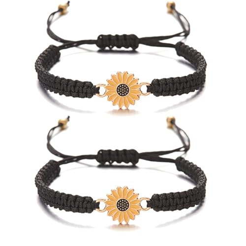 Dreuyet Sunflower Bracelets Adjustable Boho Handmade Braided Rope String Sunflower Daisy Charm Friendship Matching Bracelets Promise for Couples Women Men (Black 2 PCS)