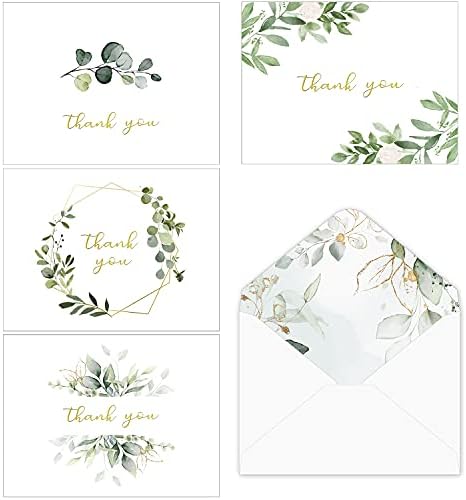 VEEYOL 100 Gold Foil Greenery Thank You Cards with Envelopes, Watercolor Foliage Thank You Notes For Wedding, Baby Shower, Graduation, Bridal, Business, Anniversary