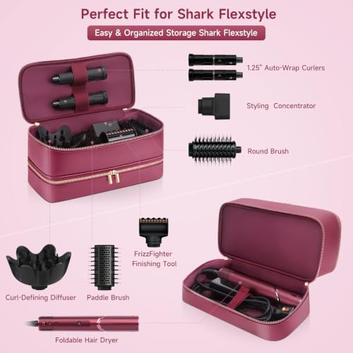 Image of Travel Hair Dryer Case for Shark Flexstyle, Double-Layer Carrying Case for Shark Flex Style Blow Dryer, Portable Hair Tools Storage Organizer Bag for FlexFusion Beauty Hairdryer Attchments (Cherry)