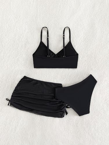 COZYEASE Girls' 3 Piece Plain Swimsuit Wrap Bikini with Ruched Cover Up Skirt Set2