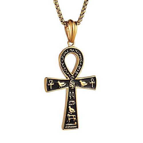 HZMAN Stainless Steel Large Ankh Cross Pendant Ancient Egyptian Hieroglyphic Symbol 22+2 Inch Chain