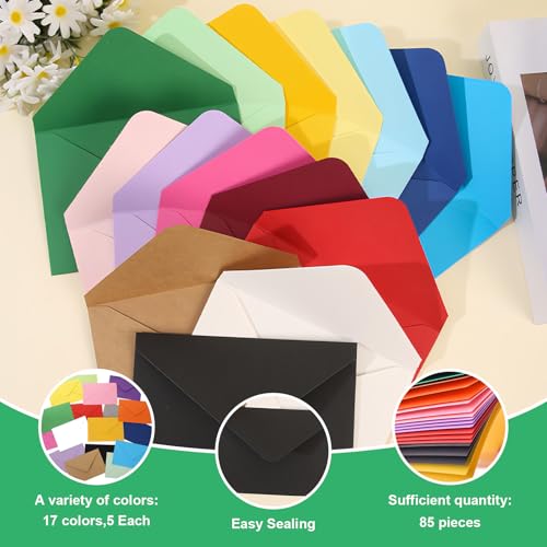 MFUSUL 85 Stück Bunte Briefumschläge,17 Farben,155×105 mm,Undurchsichtige stabile Kuverts für Grußkarten,Einladungen,Weihnachten,Feiern & DIY
