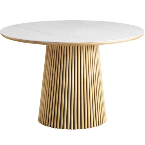 HOMIFAB Table à Manger Ronde Plateau en céramique Effet marbre et Bois Clair 6 Personnes Ø120 cm - Ada