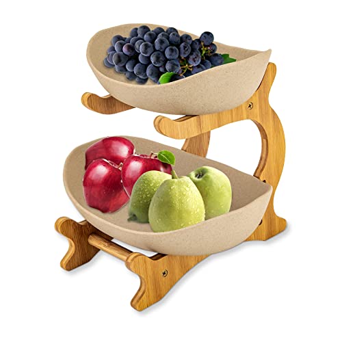WUSILILU Two-Tiered Fruit Bowl, Bamboo Pottery Storage Bowl Anti-slip Kitchen Counter Layered Fruit Plate Decoration for Vegetables, Cakes, Snacks, Sugars, Wedding, Buffet, Food Display Table