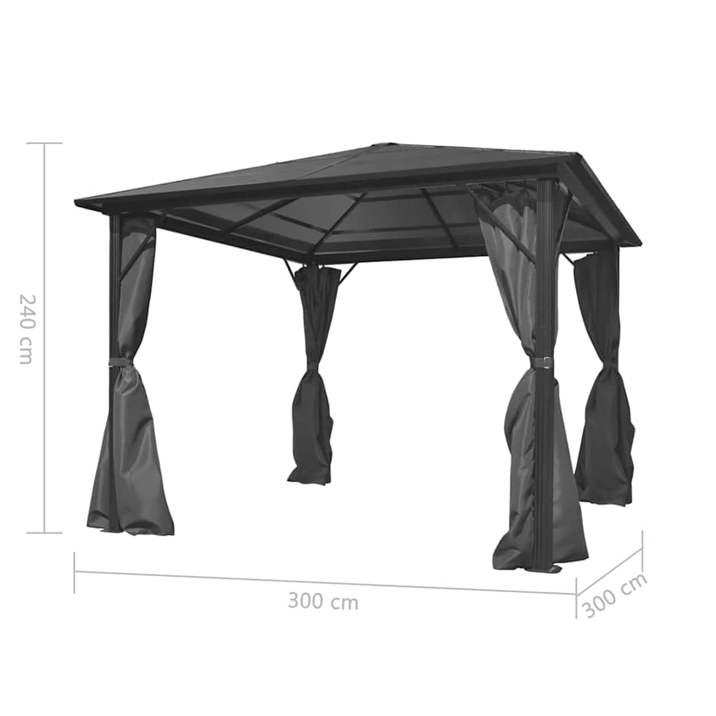 Aluminiowa altana 300 x 300 cm z zasłoną antracytową | Dach PC 6 mm, 4 ściany boczne z zamkiem błyskawicznym, zapięcia na rzepy, w zestawie mocowanie do podłogi