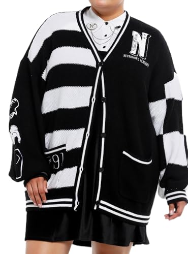 Wednesday Black & White Stripe Patches Girls Slouchy Cardigan Plus Size Multi 4