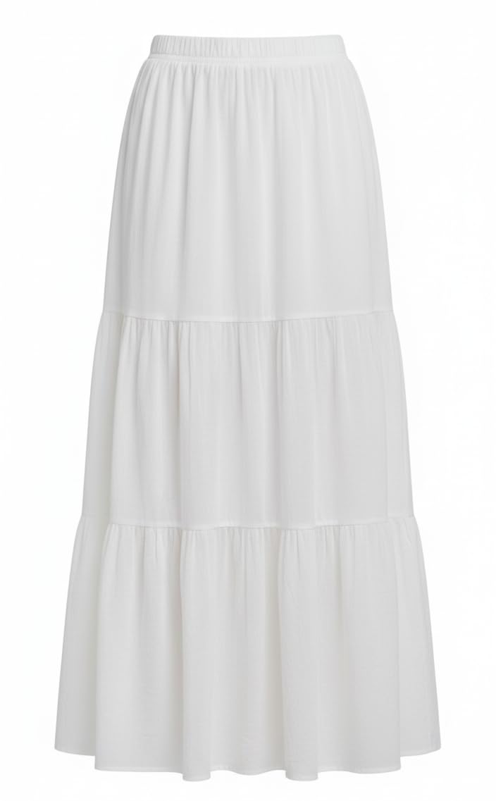 pinkhub Women's White, Black Tiered Maxi Skirt, Elastic Waist, Flowy A-Line Style, Long Length-picture-39