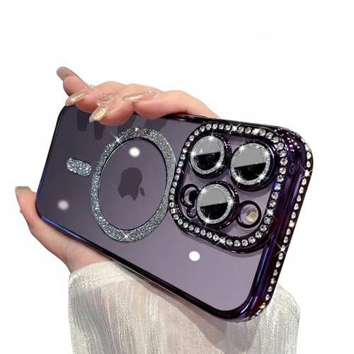 Image of Elzzi Compatible with (iPhone 14 Pro Max Case) Clear Luxury Diamond Glitter Case |Camera Lens Protector with Glitter Ring | Premium Shockproof Glossy Shiny Back Cover Case for Girls Women -DEEP-P