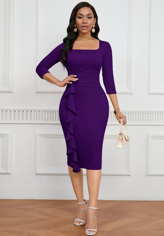 Womens Work Dresses Elegant Square Neck 3/4 Sleeve High Waist Bodycon Ruffle Vintage Church Pencil Midi Dress - Image 4