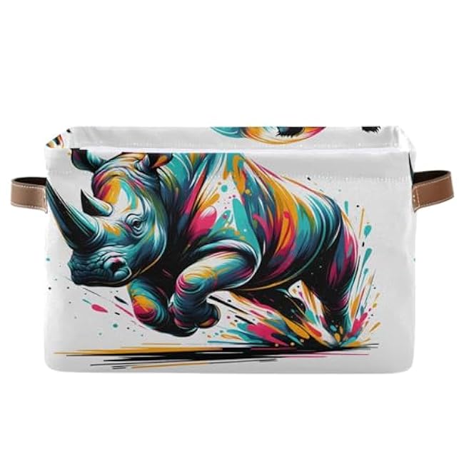 ALAZA Rhino Watercolor Large Storage Basket for Organizing Foldable Storage Bin for Shelves Home with Handles 1 Pack