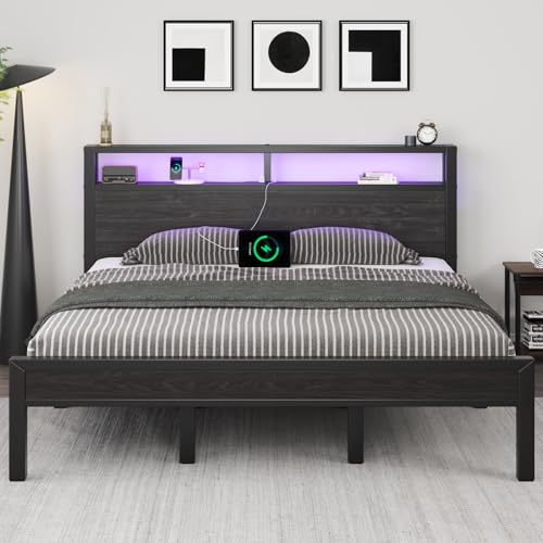 Image of LOEWAY King Size Bed Frame with Storage Headboard, Industrial Platform Bed with Charging Station and LED Lights, Heavy Duty Metal Slats, No Box Spring Need, Noise Free, Black