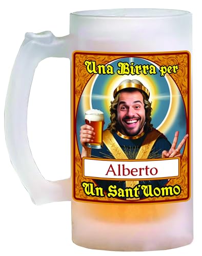 Bombo Boccale da birra in vetro personalizzato con il nome e la faccia del festeggiato etichetta Sant'uomo