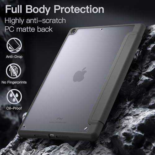 JETech iPad 9/8/7 マットケース(10.2インチ、 2021/2020/2019モデル、 第9/8/7世代用)Pencilホルダー つや消しの半透明の背面 薄型 スタンド 保護 タブレットカバー (スペースグレイ)