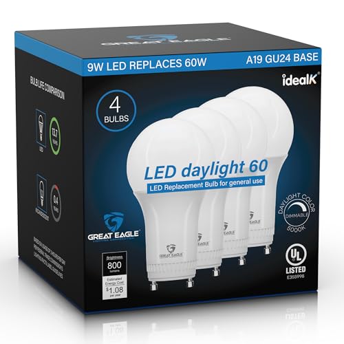 Great Eagle GU24 Led Bulb - A19 Shape, 9W (60W Equivalent), Dimmable, 5000K Daylight, UL Listed, Twist-in Light Bulb, 2 Prong Light Bulbs (4-Pack)