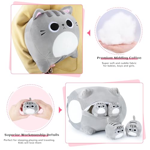 Image of 5 PCS Grey Cat Plush Stuffed Animal Family-15.8 inch Large Grey Cat Plush, Cat Mommy Cat with 4 Baby Kittens Cat Plushies for Kids, Kawaii Cat Plush Toy Christmas Birthday Gifts for Kids Boys Girls