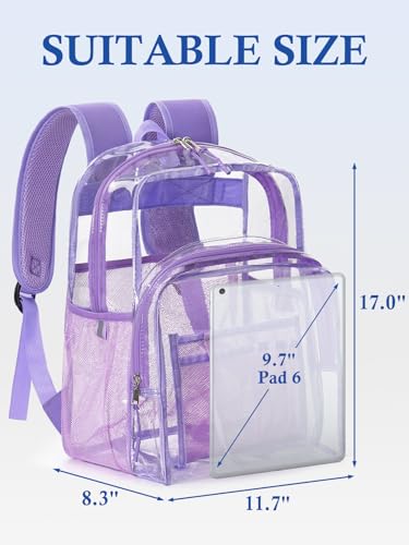 Image of Clear Backpack for School, 17 inch Large Heavy Duty-TPU See Through Bookbag for Boys Girls and Adult, Transparent Backpack With Multi-Pockets for College Work Gym Sport, Light Purple