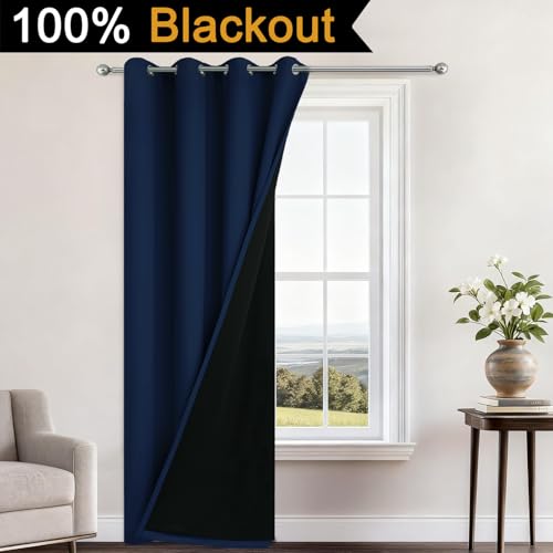 Image of Yakamok Navy Blue Blackout Curtains 84 inch Long for Bedroom 52 inch Wide 1 Panel | Blackout Curtain Panels for Bedroom, 2 Thick Layers Grommet Top Thermal Insulated Drapes with Black Liner for Living Room