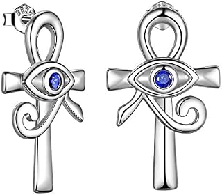 Jewmon Protection Ankh Cross Eye of Horus Necklace Earrings Set for Mens Women 925 Silver/18K Gold/Black Gun Plated Horus Eye of Ra Ankh Cross Jewellery Ancient Egyptian Jewelry Gift for Christmas Day