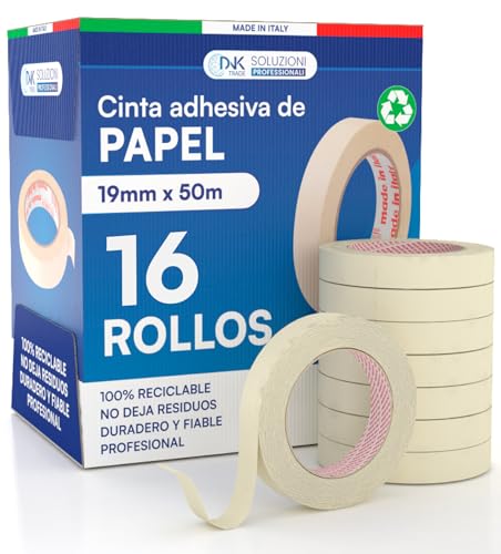 DNK TRADE 16x Cinta de Carrocero Para Pintar y Enmascarar 19mm x 50m - Removible Sin Residuos, Sin Disolventes - Cinta de Pintor Con Papel