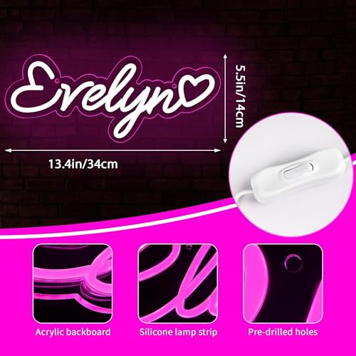 Image of Evelyn Name Neon Sign,LED Evelyn Name Neon Light for Kids Bedroom,Birthday Party Evelyn Decoration,Neon Sign Customizable for Wall Decor,Birthday Name Decor for Girl,Size 13.4 * 5.5 inches(D087)