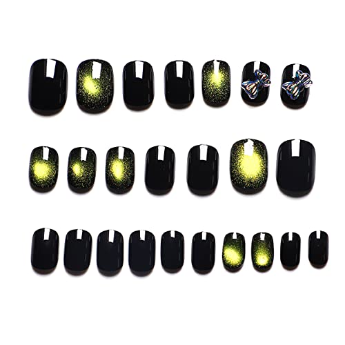 24Pcs Green Cat Eye Press On Nails Round Shape Glue On Nails Green Glitter Fake Nails With Gem Design Galaxy Acrylic False Nail Kits Stick On Nails Full Cover False Nails For Women Girls #TOP3