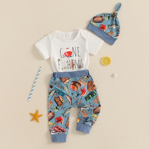 Image of Amnnchya Newborn Baby Boy Clothes Fishing Short Sleeve Romper Shirt Tops Pants Summer Spring Outfits Cute Hat Set