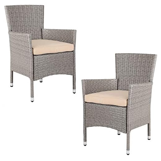 CASARIA® Set of 2 Polyrattan Garden Chairs | Stackable | Weatherproof | High Back Armchairs with 7cm Padded Seat Cushions | 160kg Load Capacity | Outdoor Garden Patio Balcony Furniture | Cream