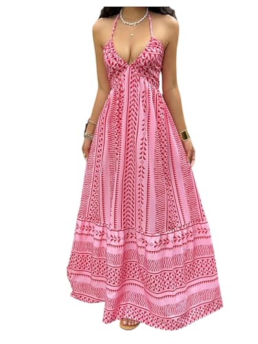 OYOANGLE Women's Boho Maxi Dress Printed Sleeveless Tie Backless Flowy