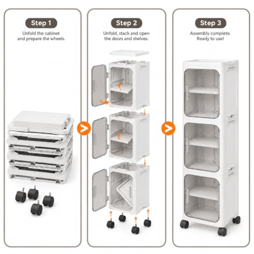 Image of KRISHYAM 3 Door Slim Plastic Storage Cabinet with Wheels, Collapsible Foldable Organizer with Transparent Doors & Removable Shelves for Bathroom, Bedroom, Kitchen & Living Room, White