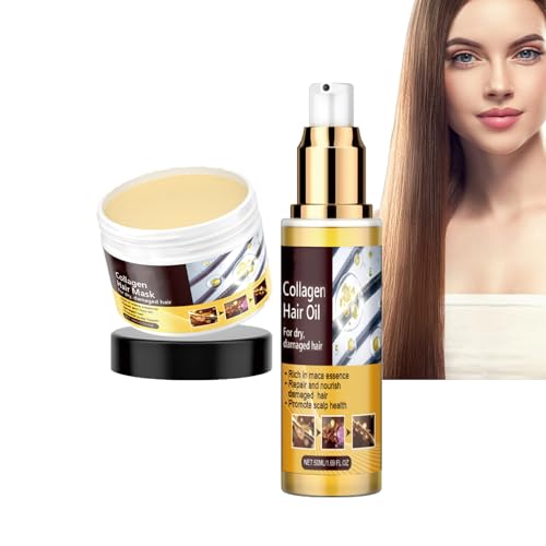 Dyceittdia 2pcs Cuidado del cabello con Colágeno, 50ml Aceites de Tratamiento Capilar y 100g Mascarilla Capilar, Colágeno Reparador, Mejora el Encrespamiento y la Sequedad, hair mask1
