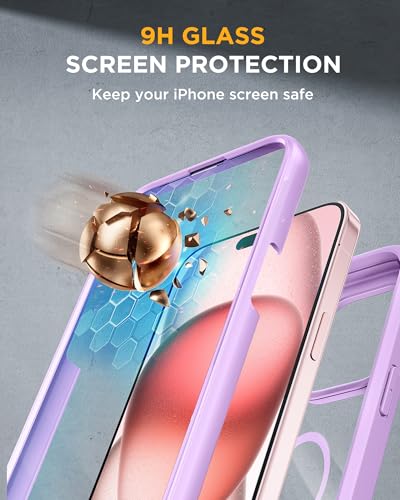 Image of Miracase Glass Series for iPhone 15 Case [Compatible with MagSafe] Full-Body Magnetic Bumper Case with Built-in 9H Tempered Glass Screen Protector + Camera Lens Protector, Light Purple