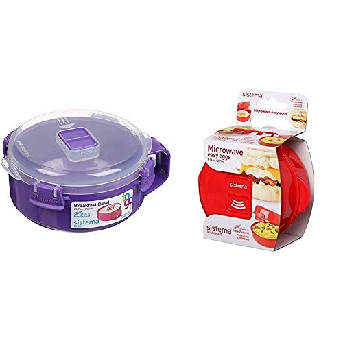 Sistema Microwave Breakfast Bowl | Round Container with Lid | 850 ml | BPA-Free | Assorted Colours | 1 Count & 1117ZS Egg Cooker Easy Eggs, 271 ml - Red
